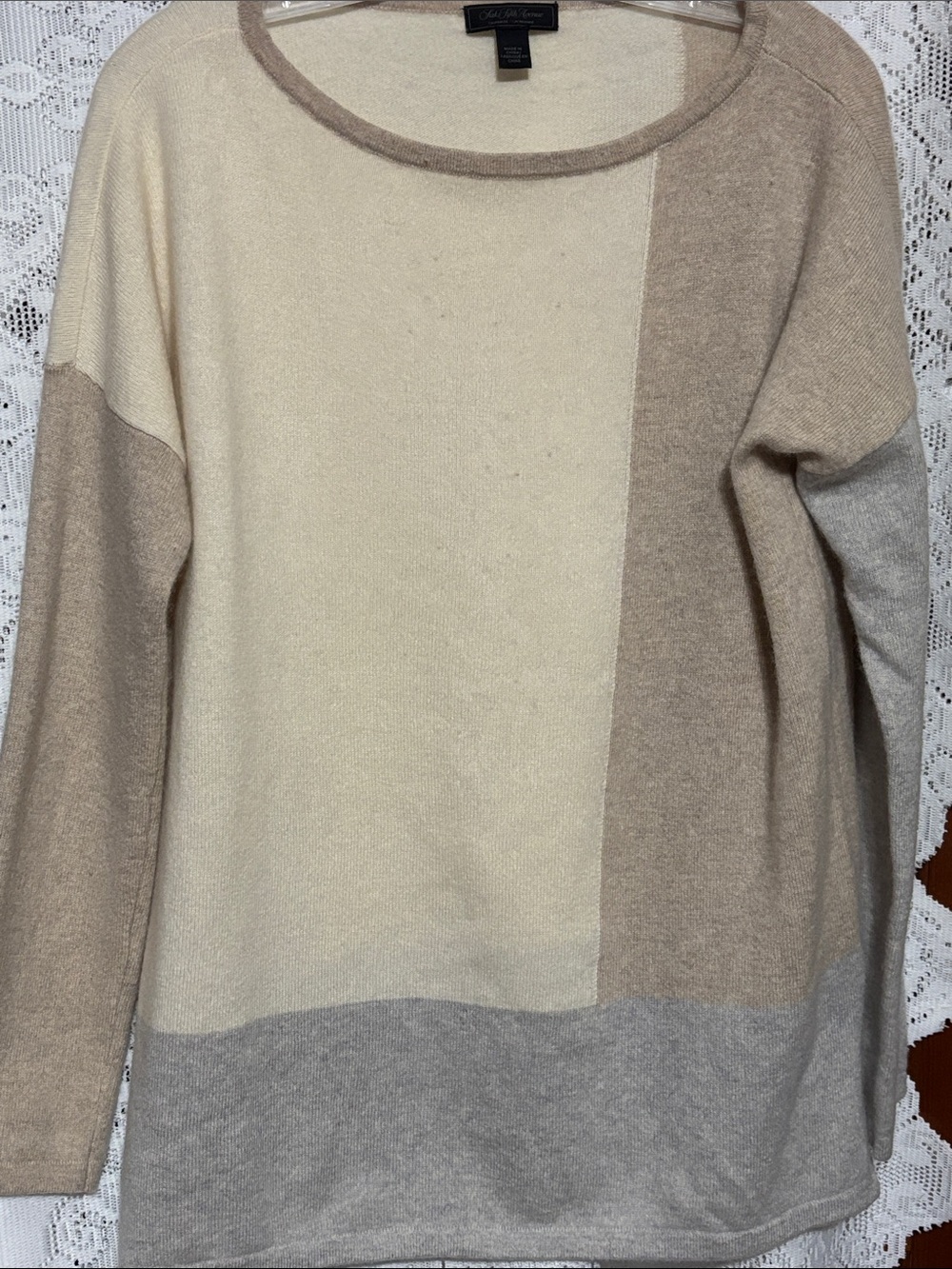 Saks Fifth Avenue 100% Cashmere Neutral Colorblock Crewneck Tunic Sweater